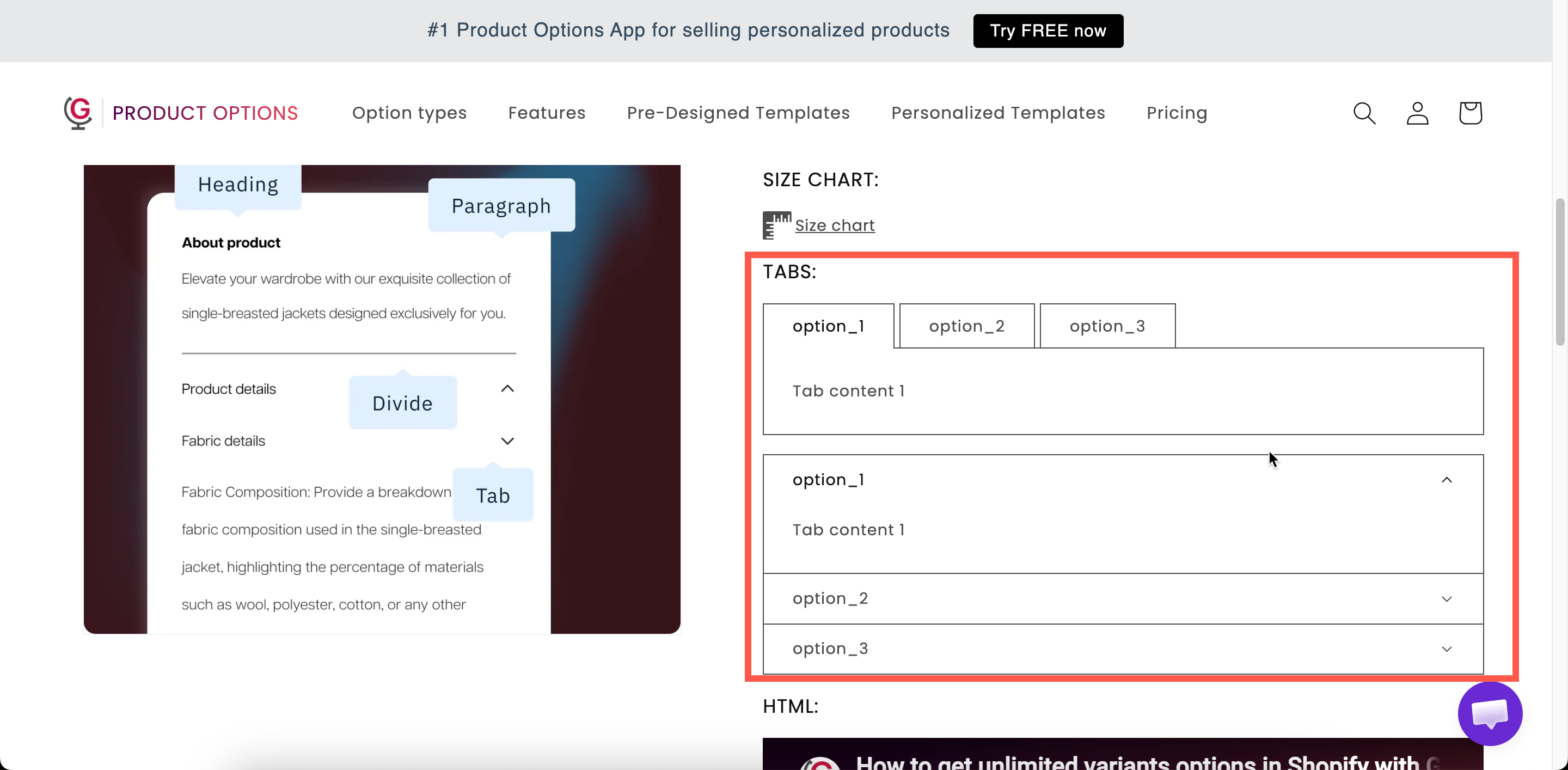 A horizontal set of tabs on a storefront product page with the first panel open