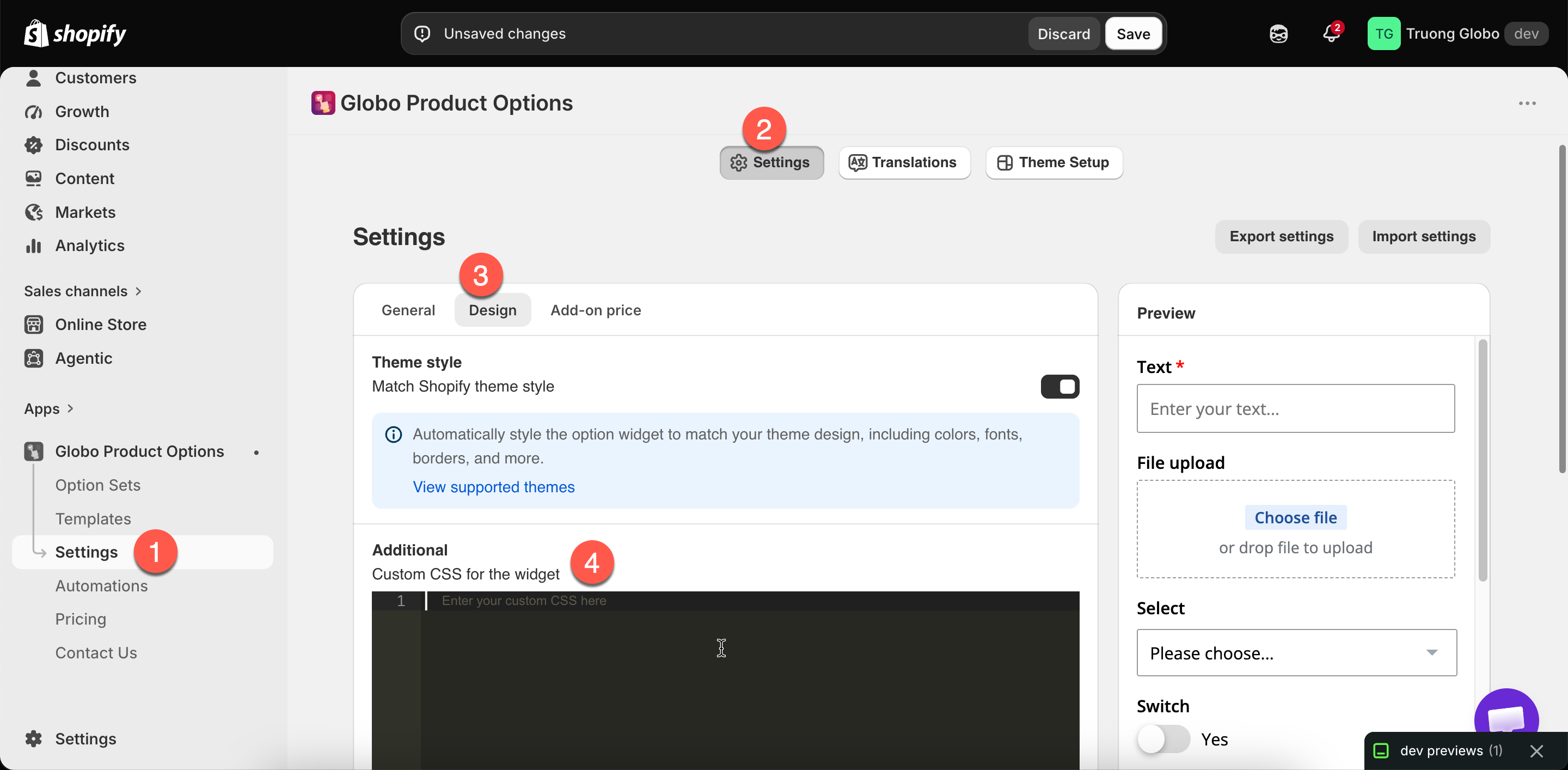The custom CSS code editor in Design settings