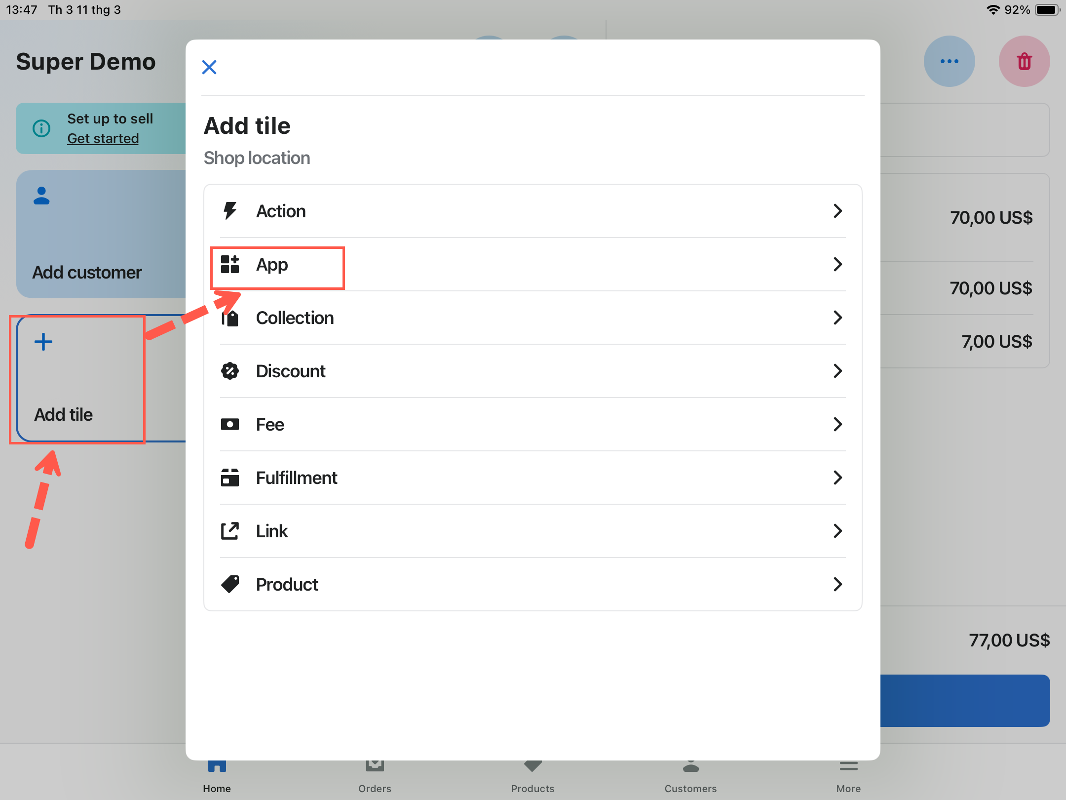 The Add tile panel open in Shopify POS with App highlighted in the list of tile types