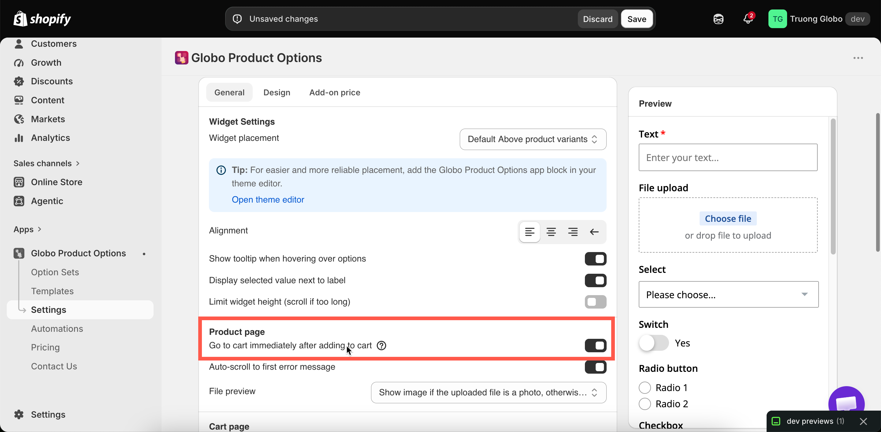 The Product page group in General settings, with the go-to-cart setting