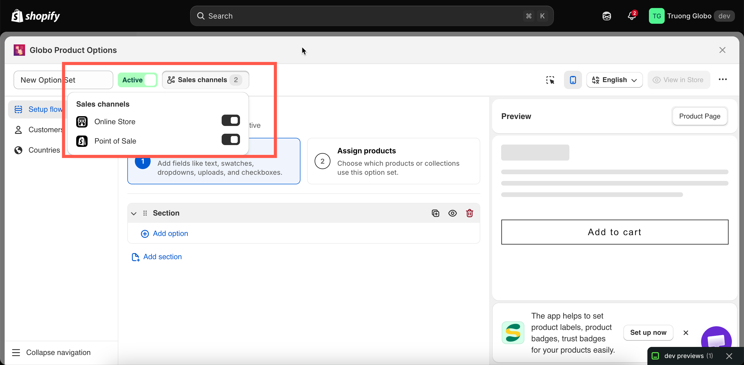 The status control and Sales channels popover in the builder header