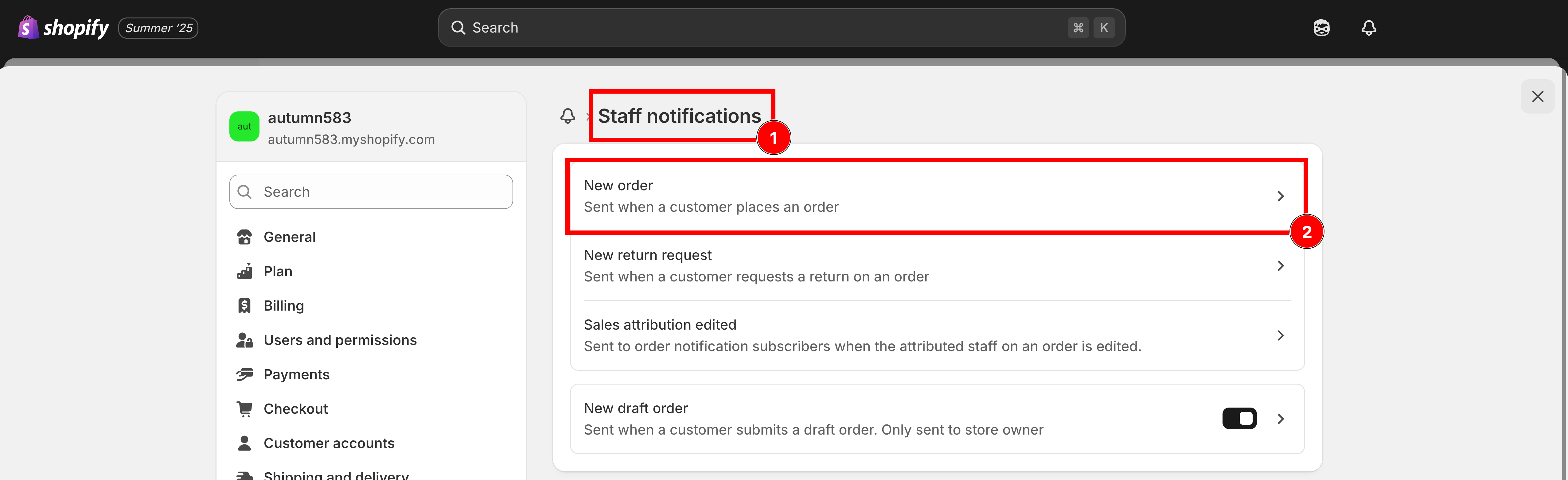 The Staff notifications list with New order highlighted
