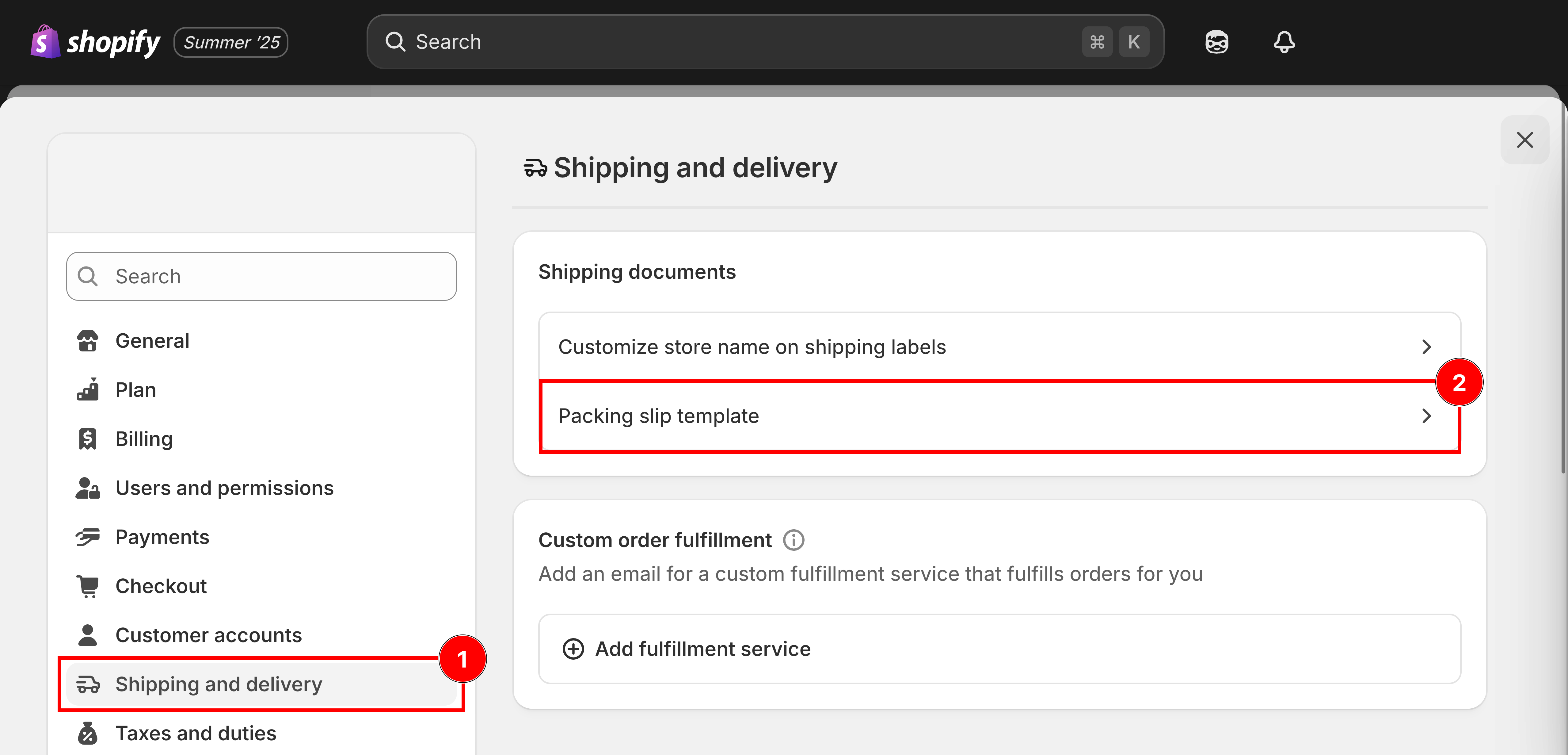 Shopify's Shipping and delivery settings with the Packing slip template row highlighted