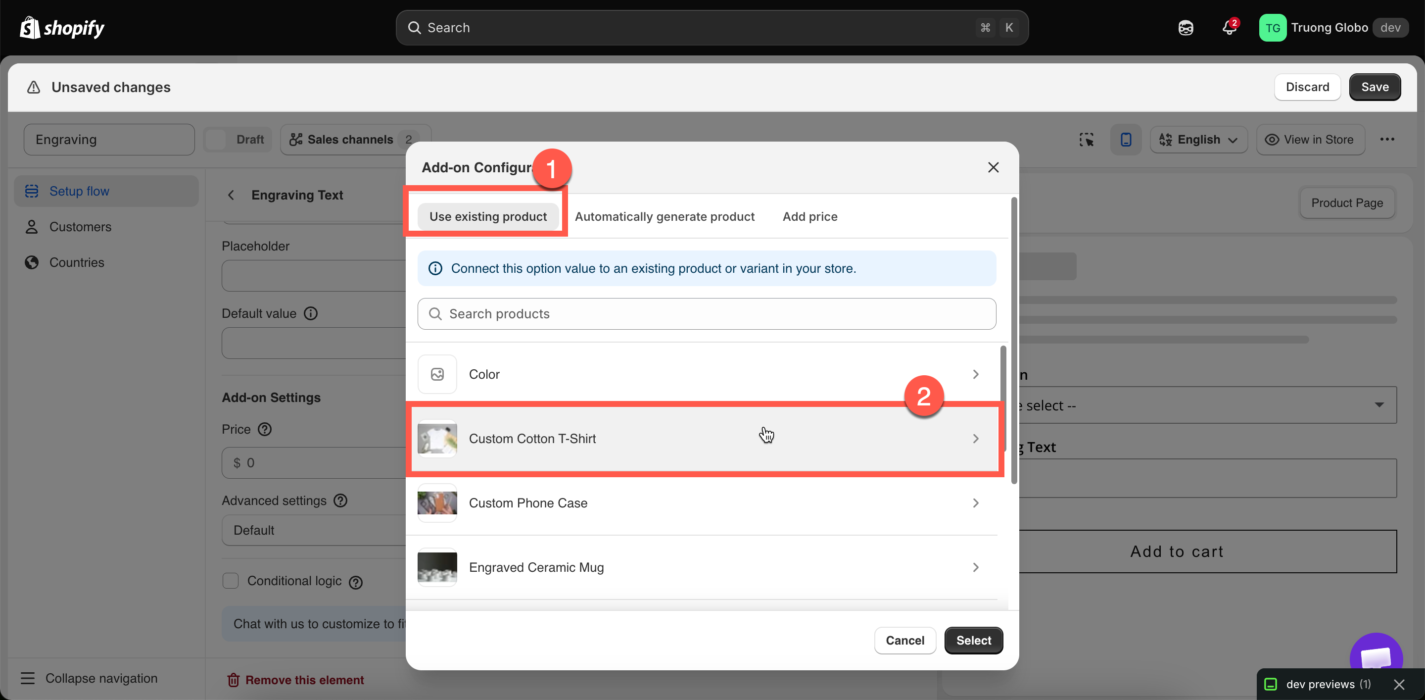 The Existing product tab with a product selected and its variants listed
