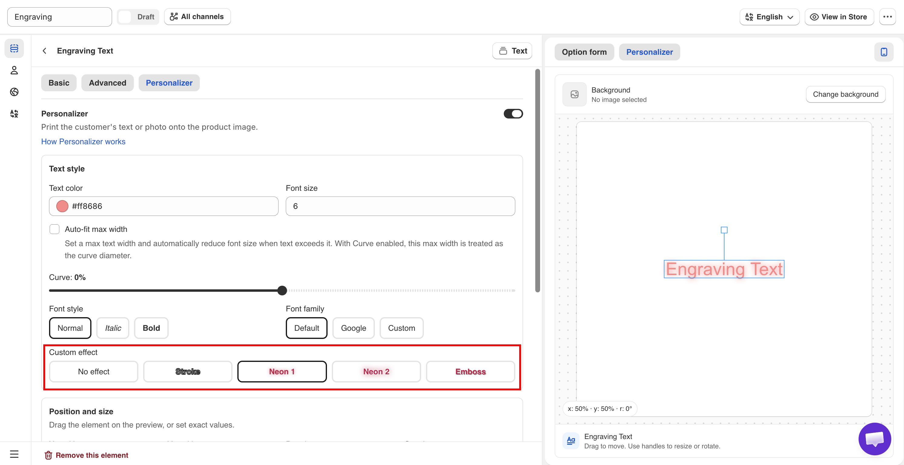 The Custom Effect setting showing the five available text effects
