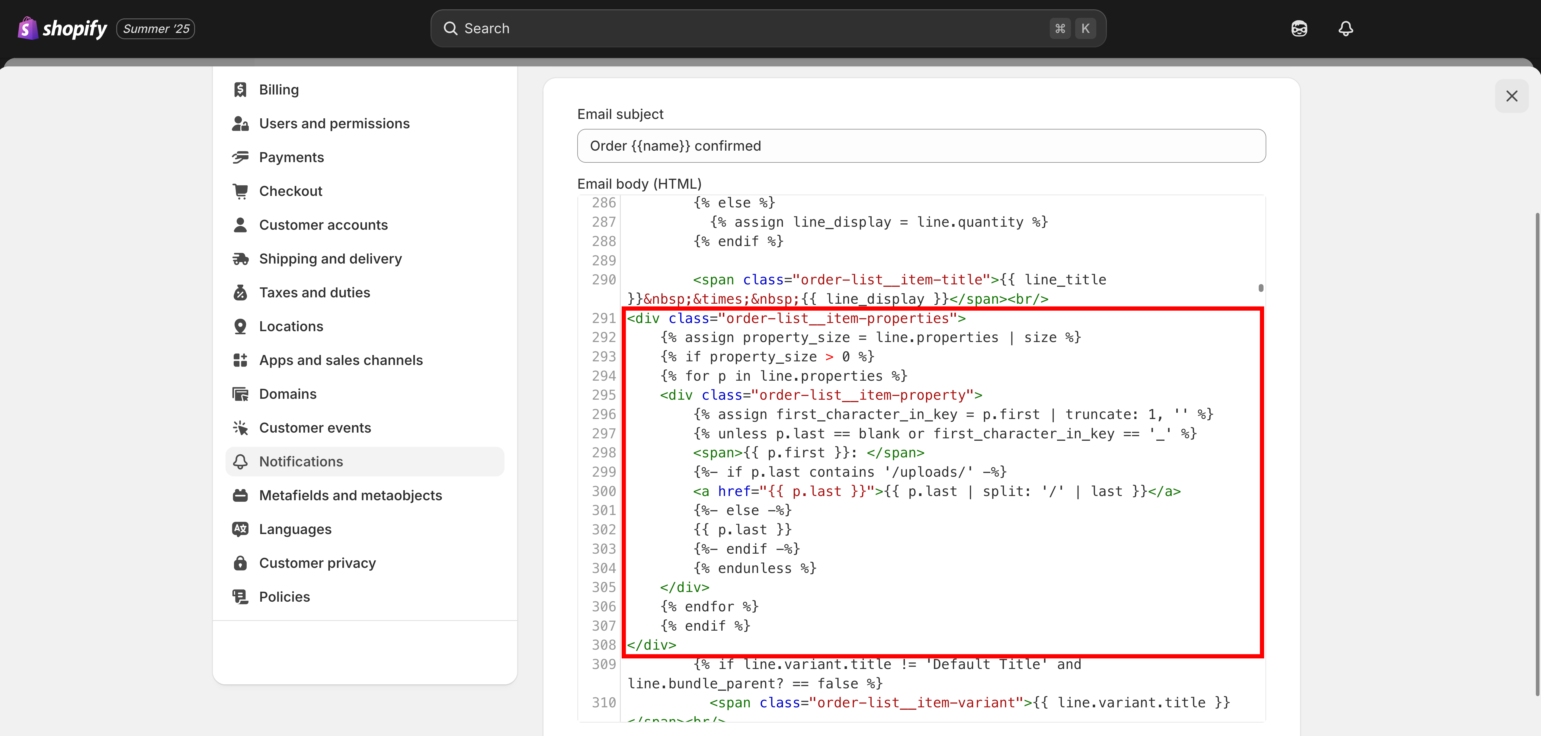 The order confirmation template editor with the snippet pasted into the Email body HTML box