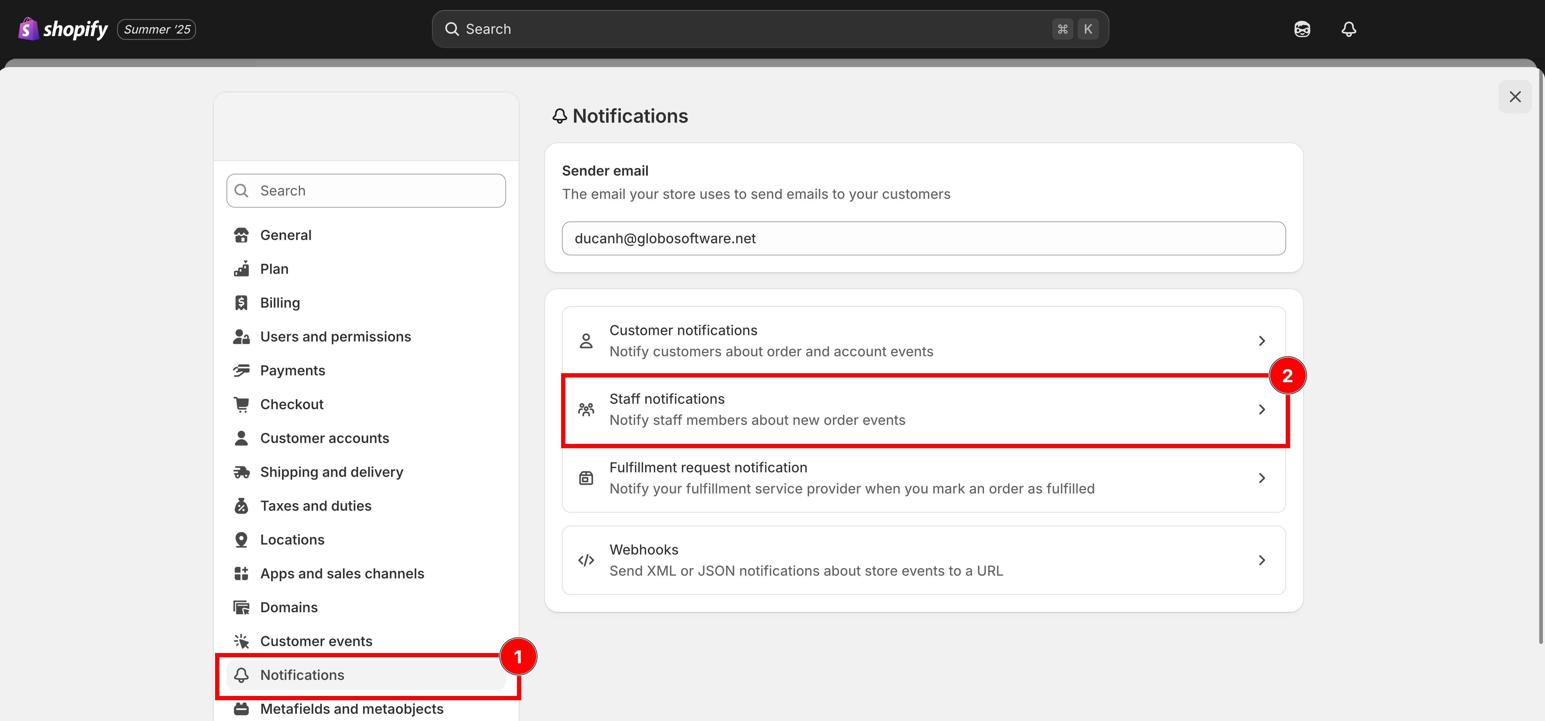 Shopify notification settings scrolled to the Staff notifications section