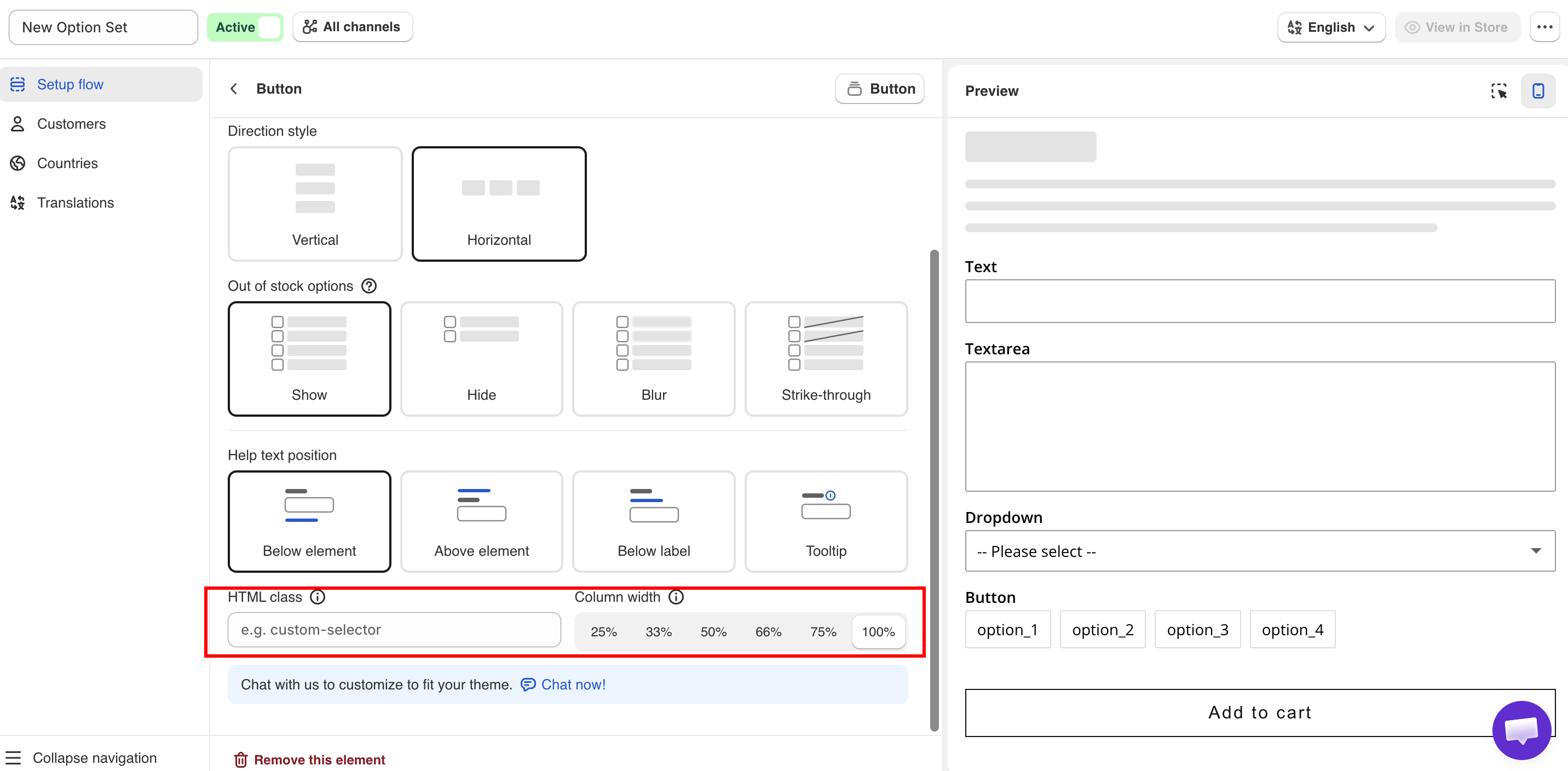 Direction style, Column width, and HTML class settings
