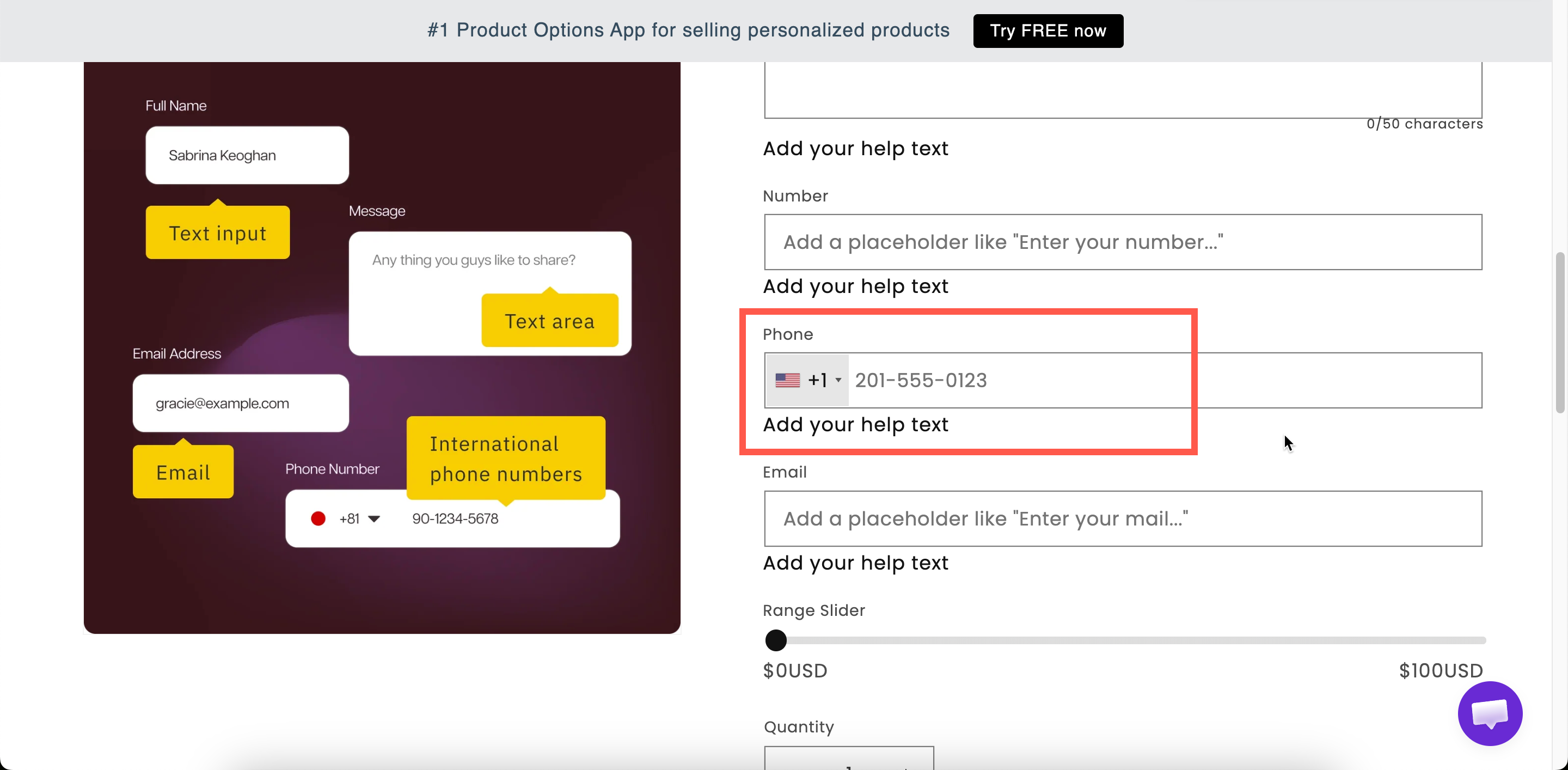 A phone field on a storefront product page with a country flag and dialling code