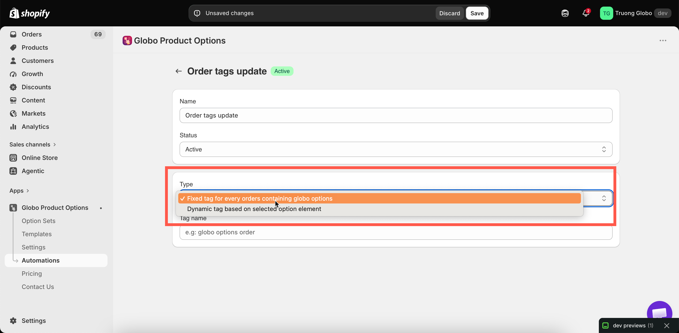 The order tags workflow with its type selector