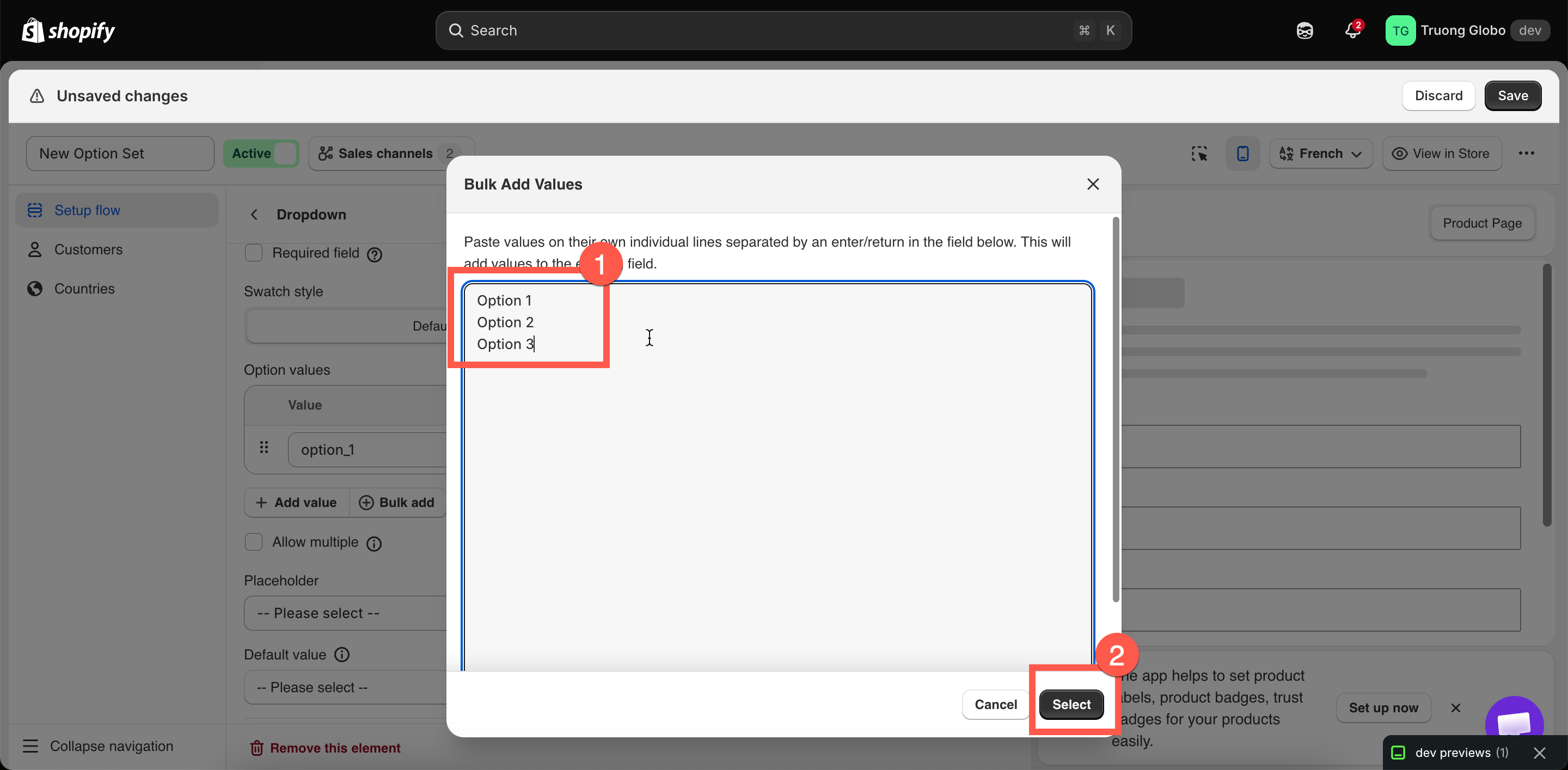 The Bulk Add Values dialog with several values pasted one per line