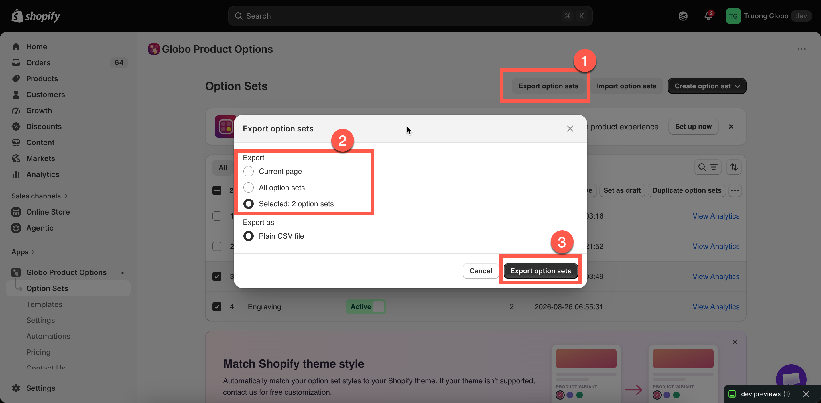 The export dialog with scope choices and the CSV format option