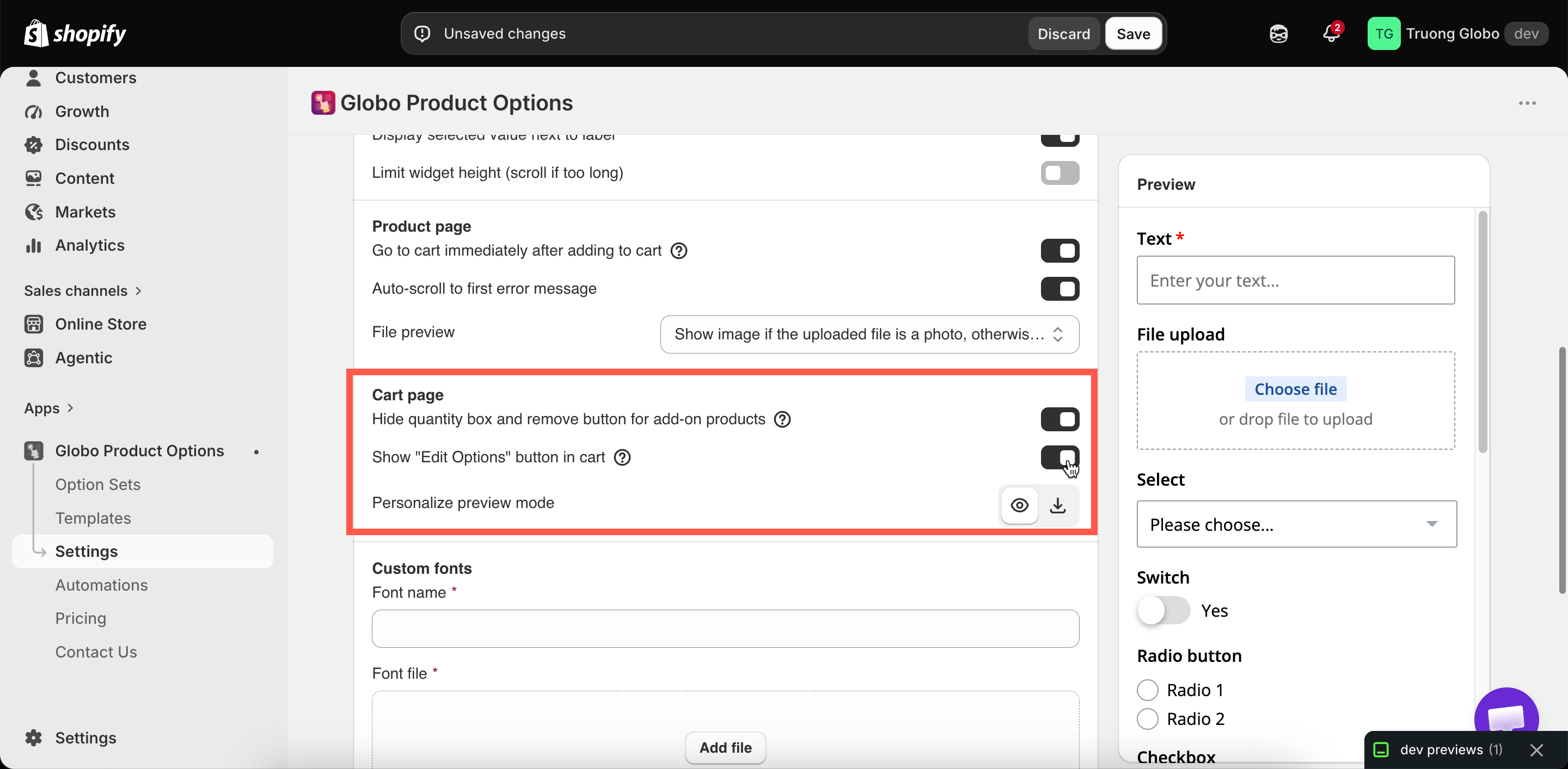 The Cart page group in General settings with its three switches