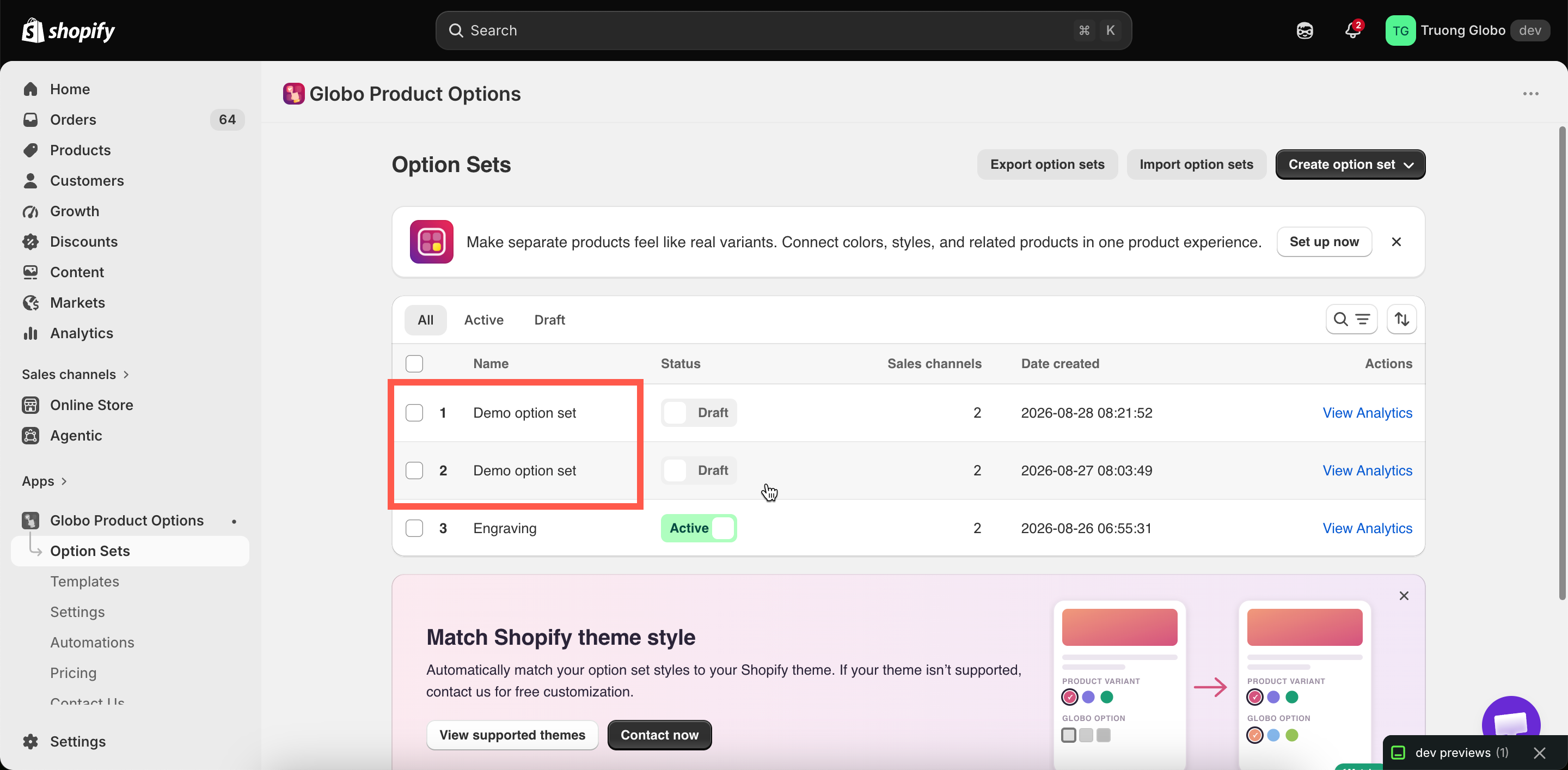 The option sets list showing a duplicated set with the same name and status as the original