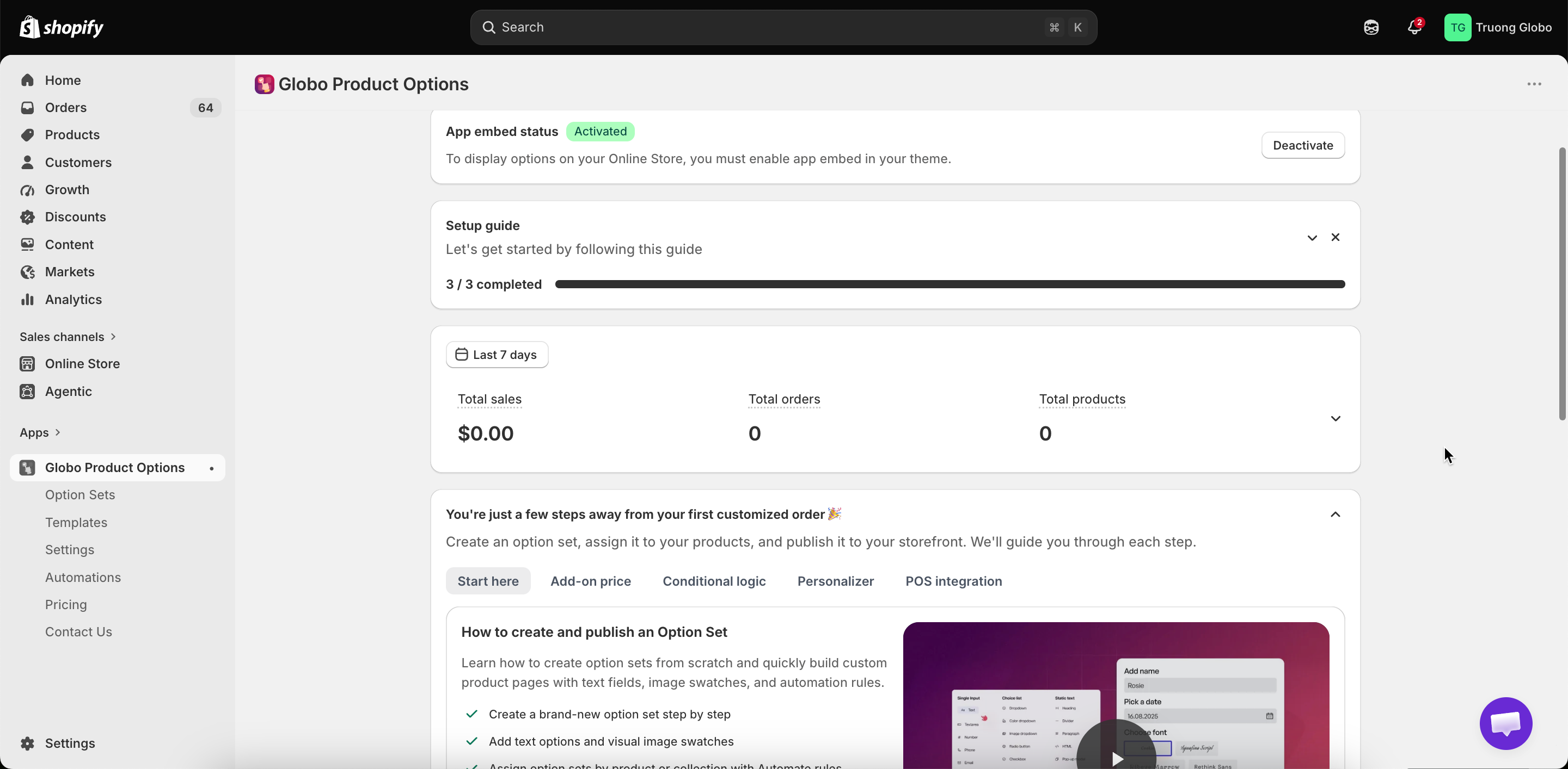 The app's Dashboard in Shopify admin, showing app embed status, a setup guide, and sales totals