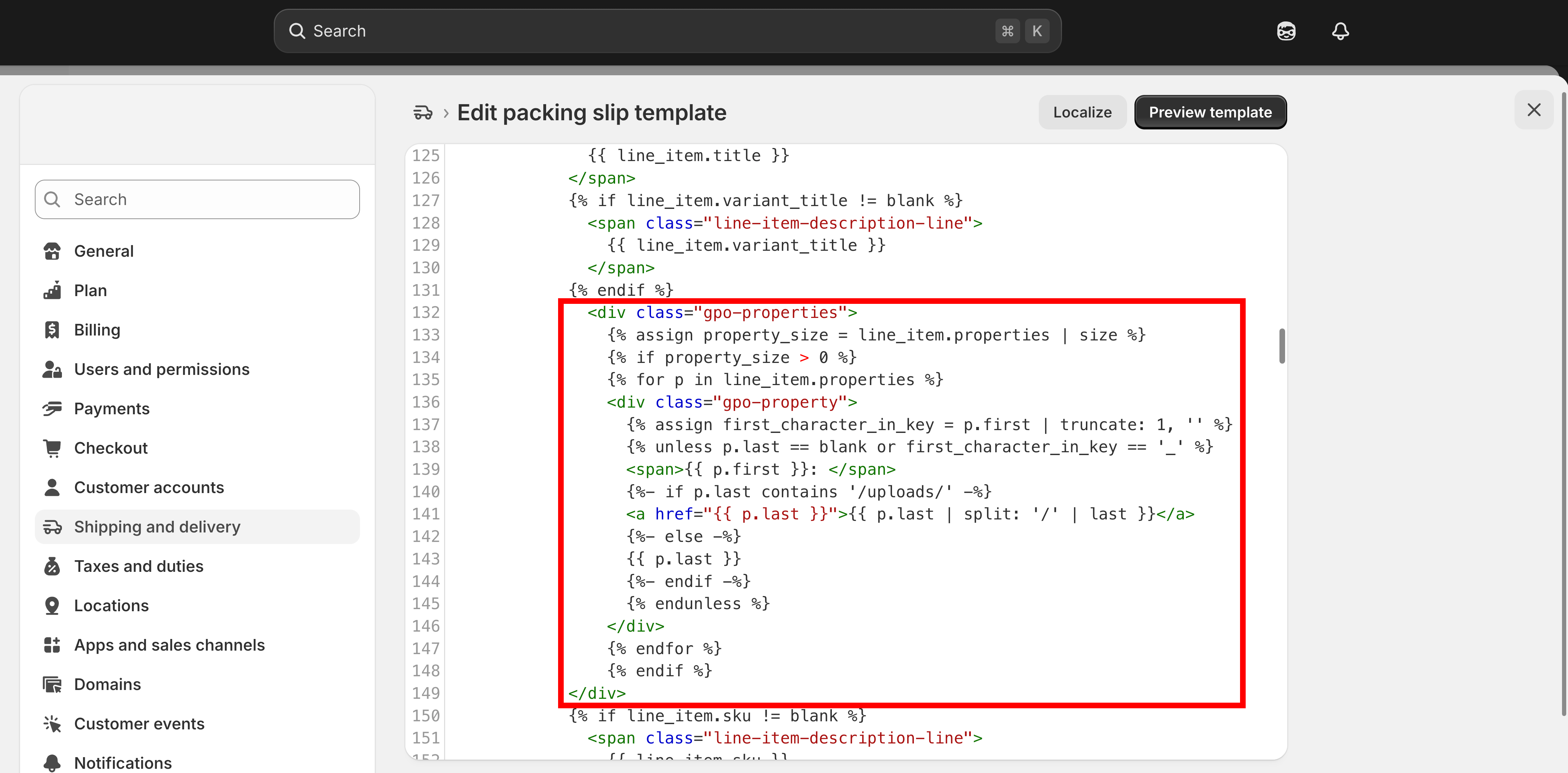 The Edit packing slip template field in Shopify settings with the snippet pasted in