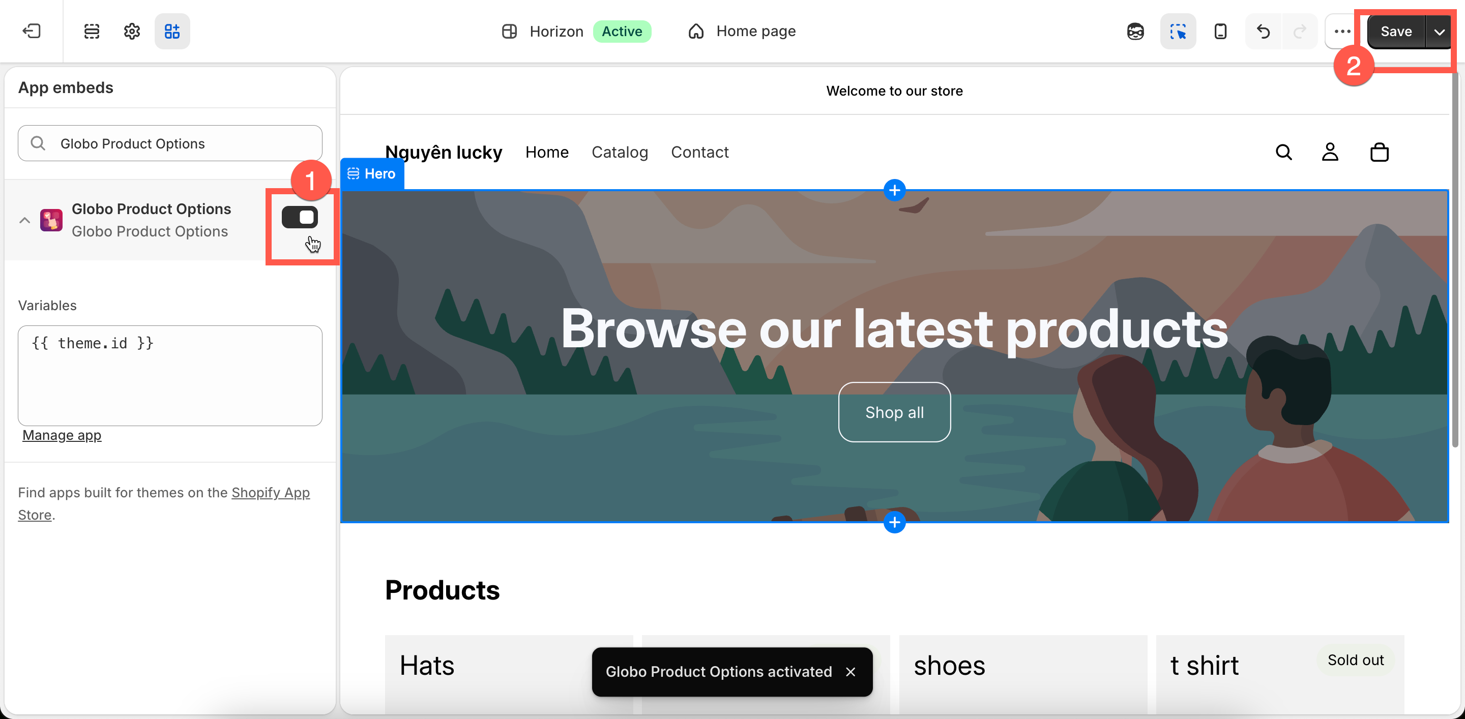 The Shopify theme editor App embeds list with Globo Product Options toggled on