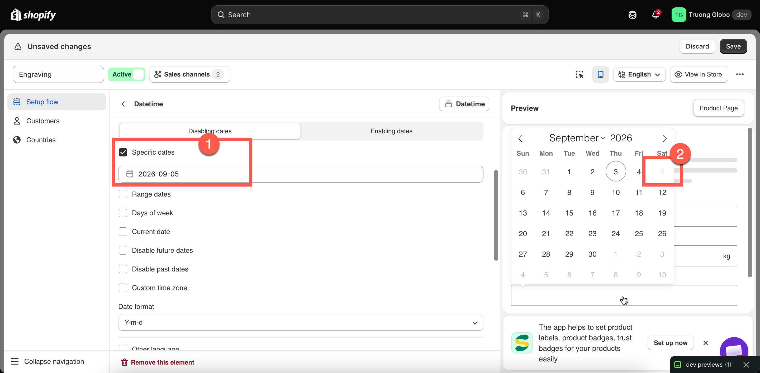 A date picker open on a storefront product page with weekend dates unavailable