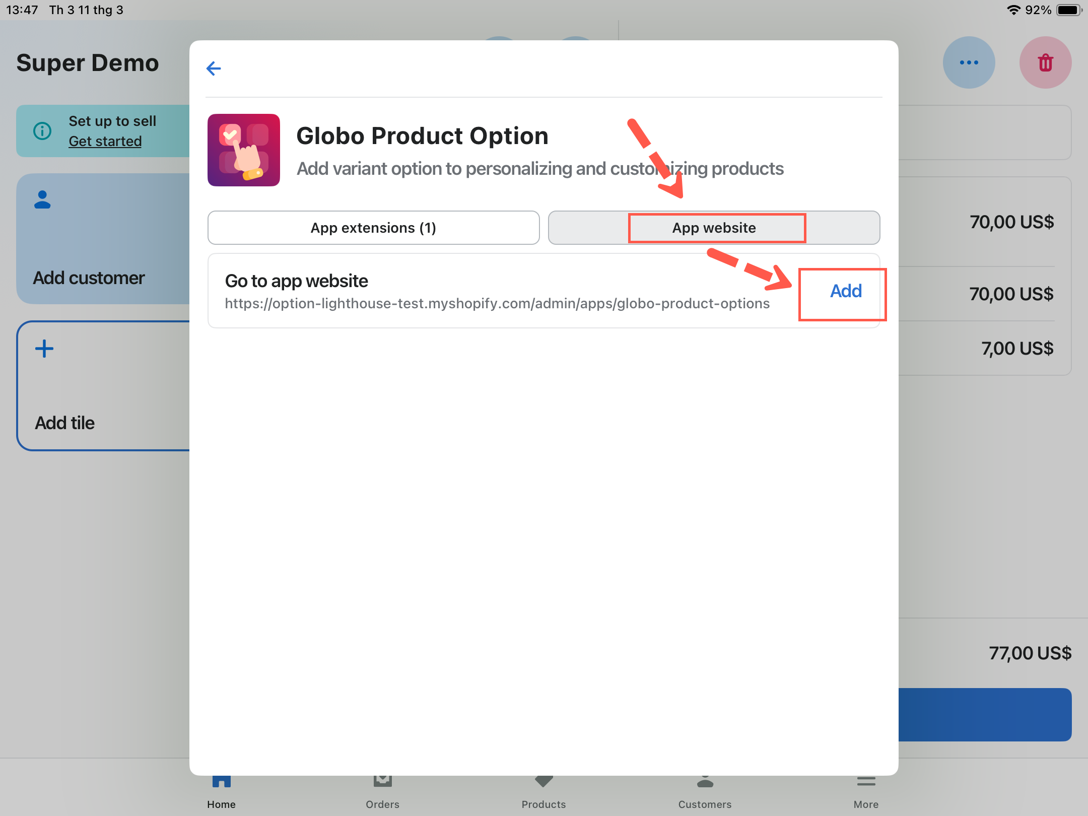 The app panel in Shopify POS showing the App website tab with its Add button highlighted