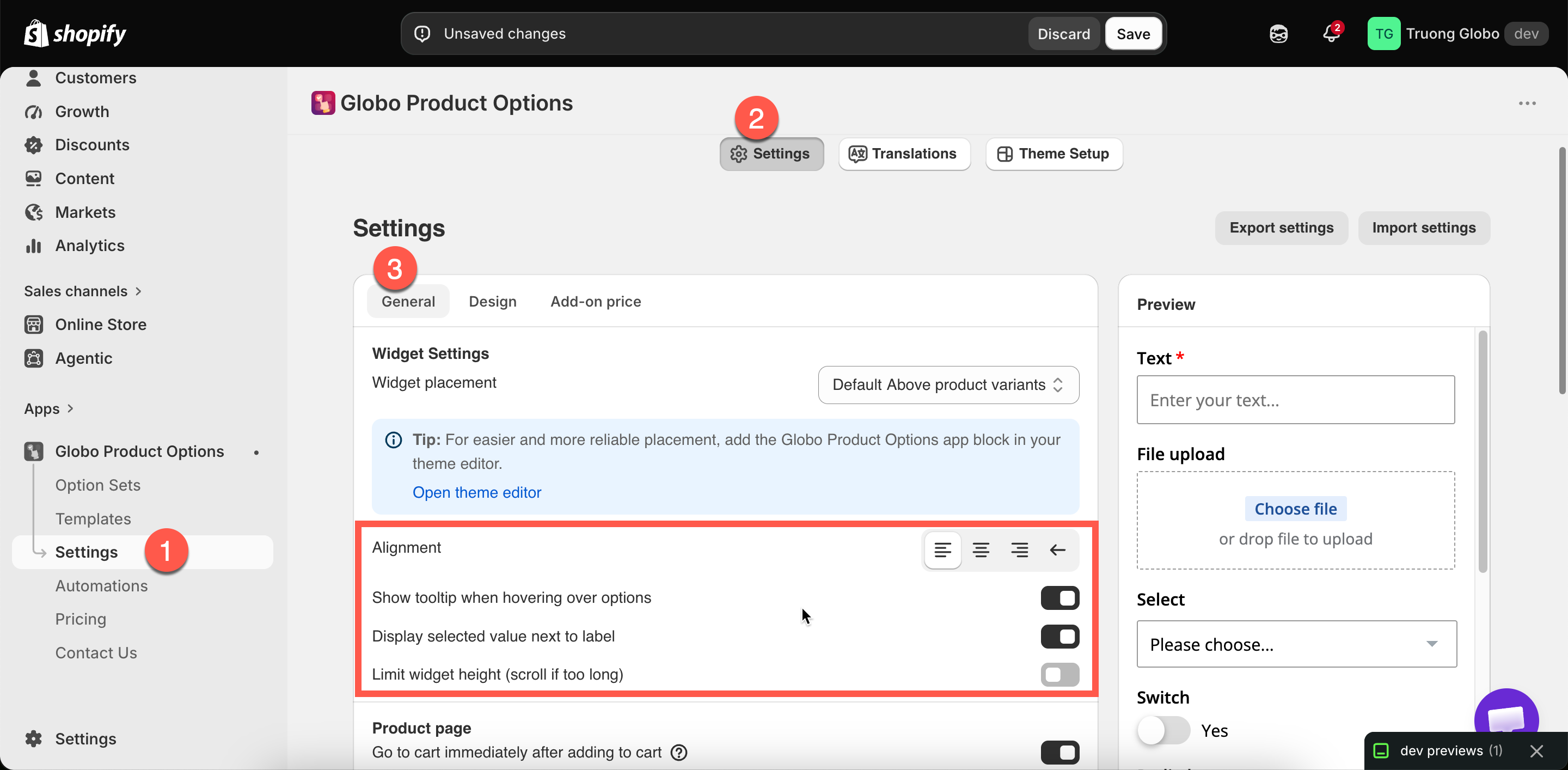 The widget behavior settings for alignment, tooltips, selected value, and height limit