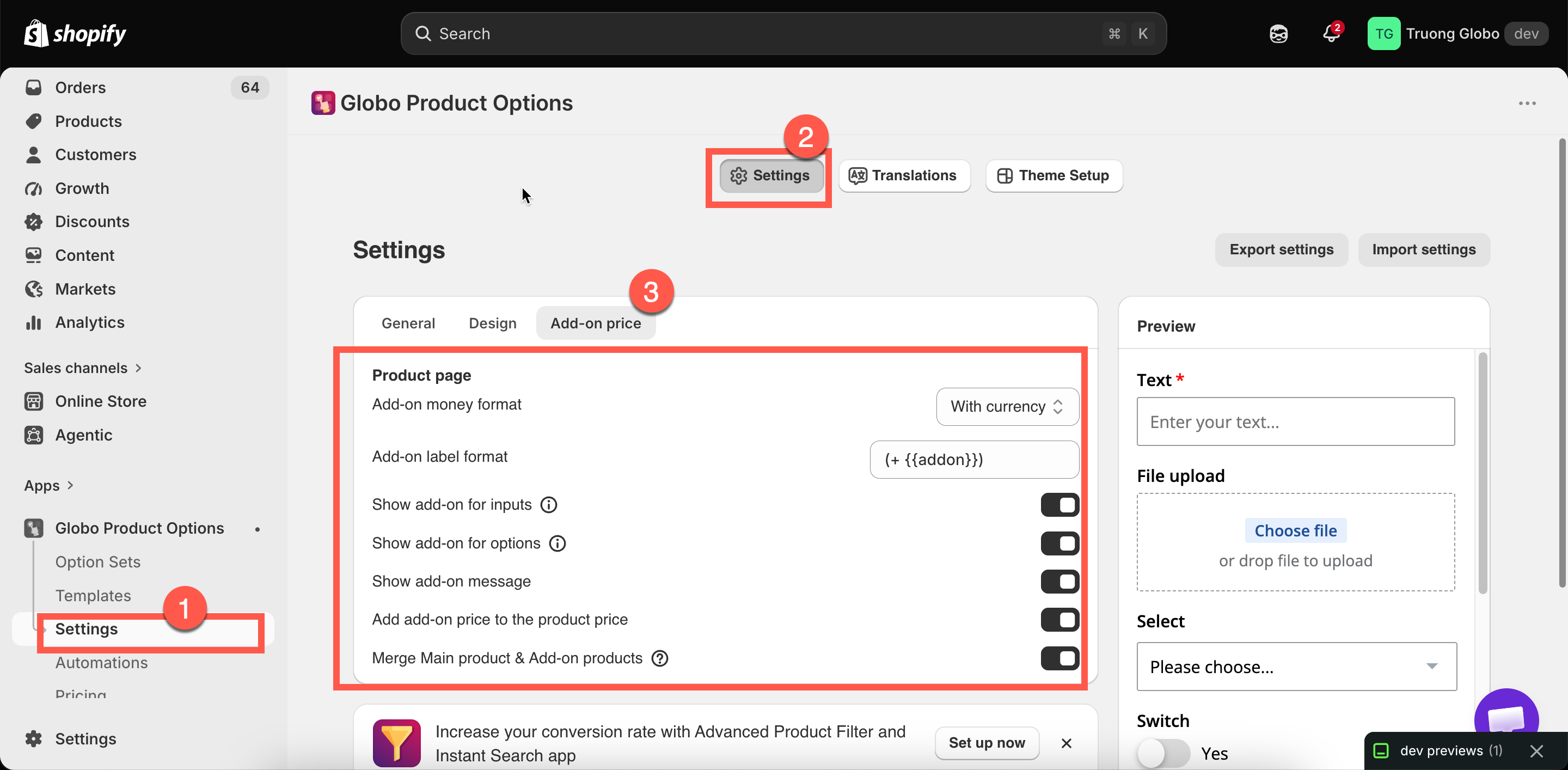 The add-on price settings tab with all its options