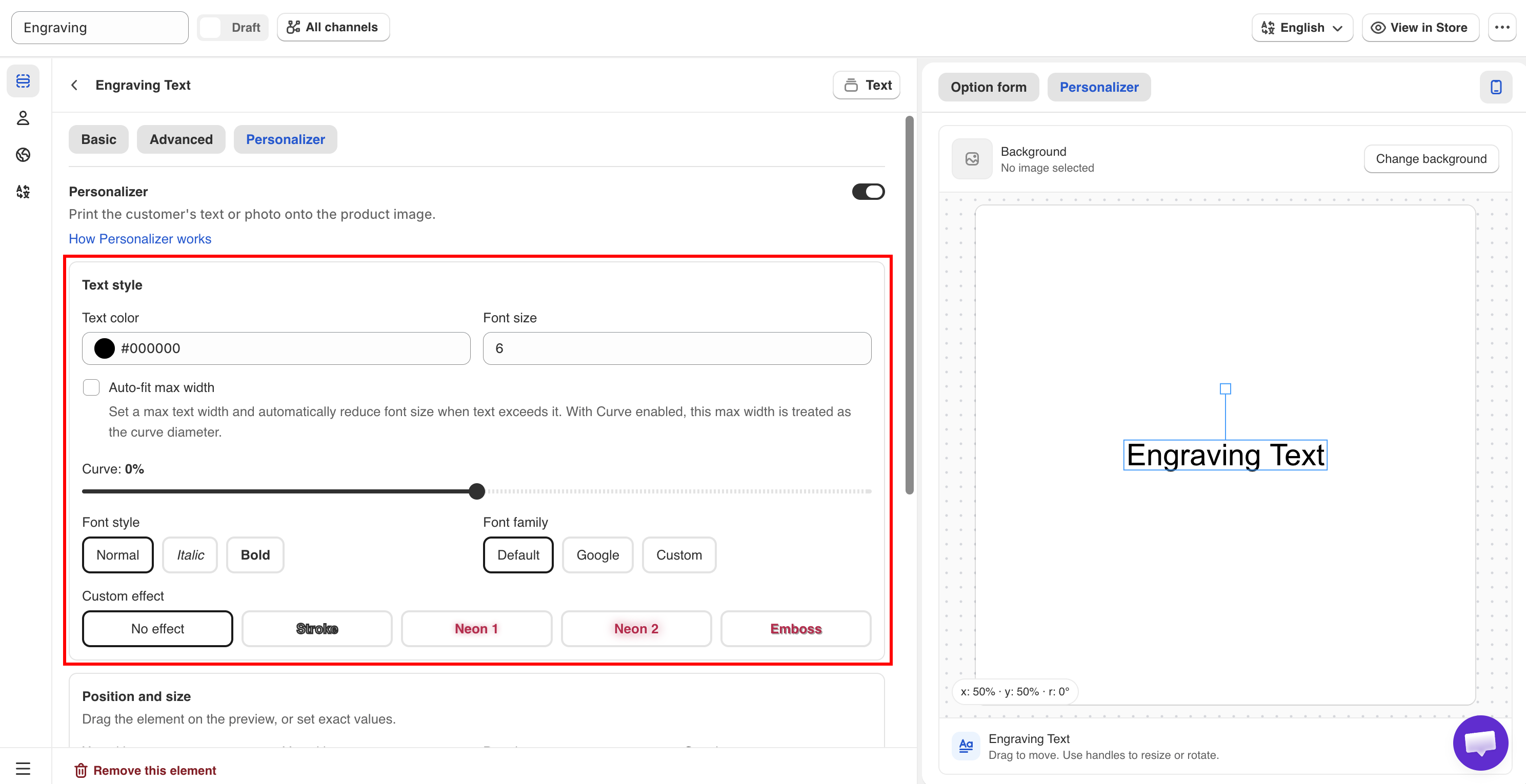 The text layer settings for color, font size, font style, and font family