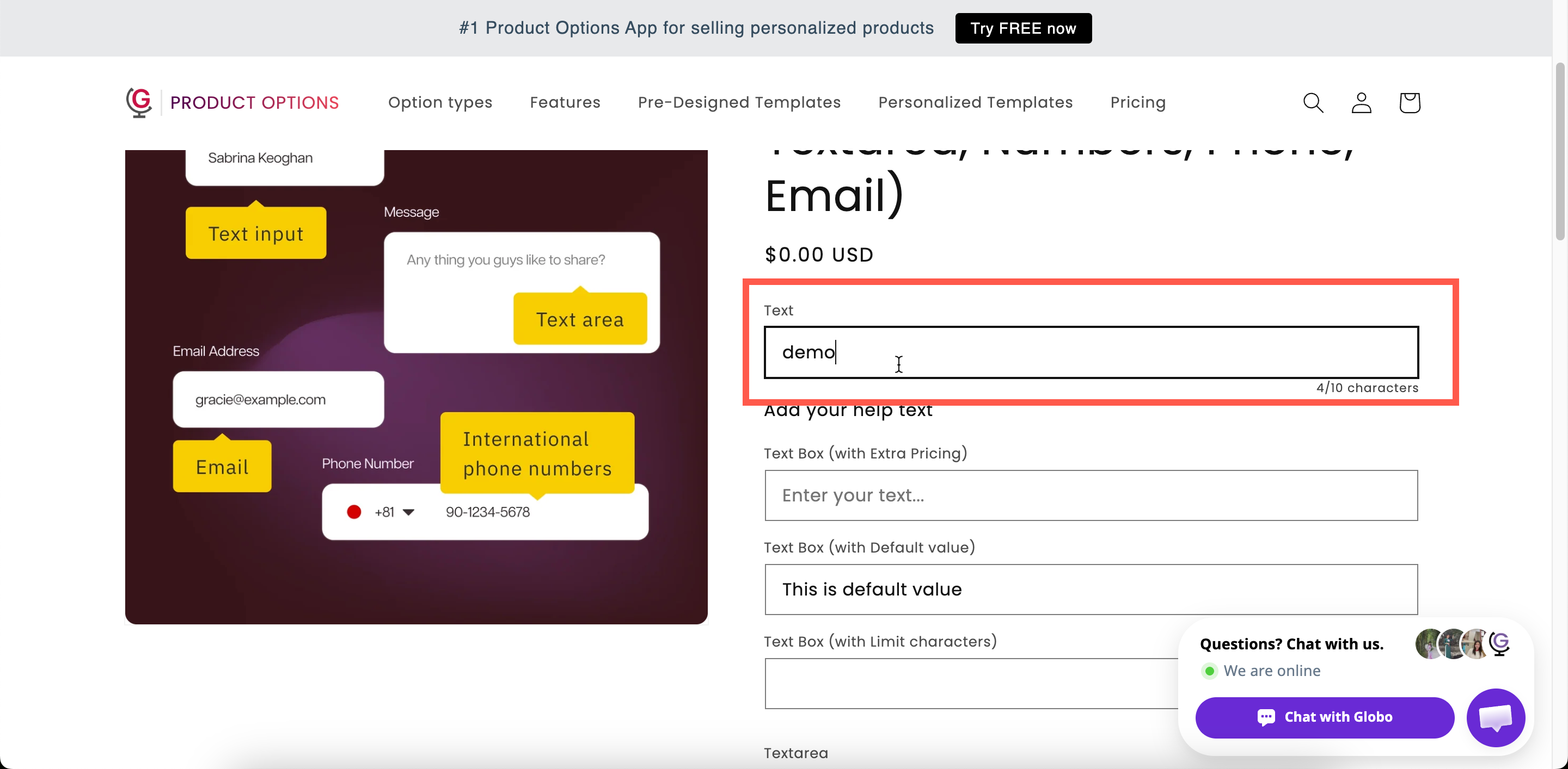 A text field on a storefront product page with a label, placeholder, and character counter