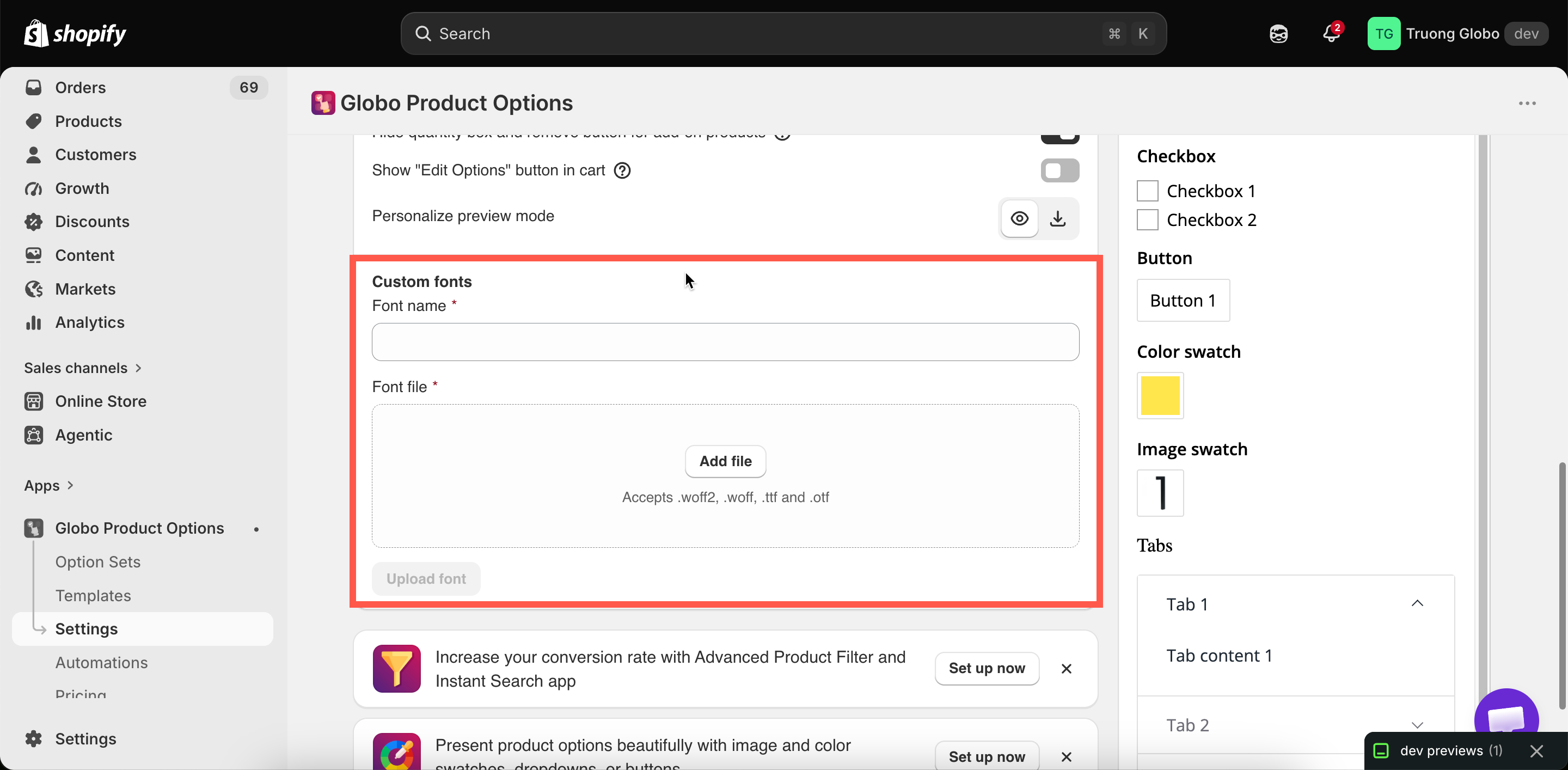 The Custom fonts area in the General settings section